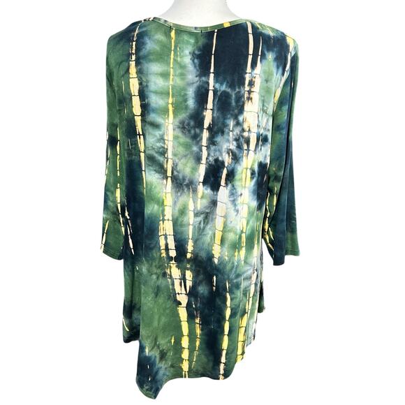 Ninedaily Top Women Sz XXL Green Yellow Rayon Stretch Asymetric Boho Artsy Tunic - Picture 3 of 11